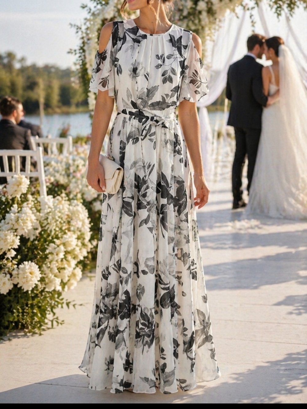 CALVIN KLEIN Floral Chiffon Maxi Dress size 4 Cold Shoulder Belted Flowy